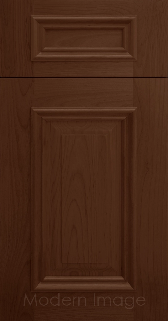 Heritage custom cabinets in a Pecan Stain, classic raised panel doors, and modern flat slab drawer fronts.